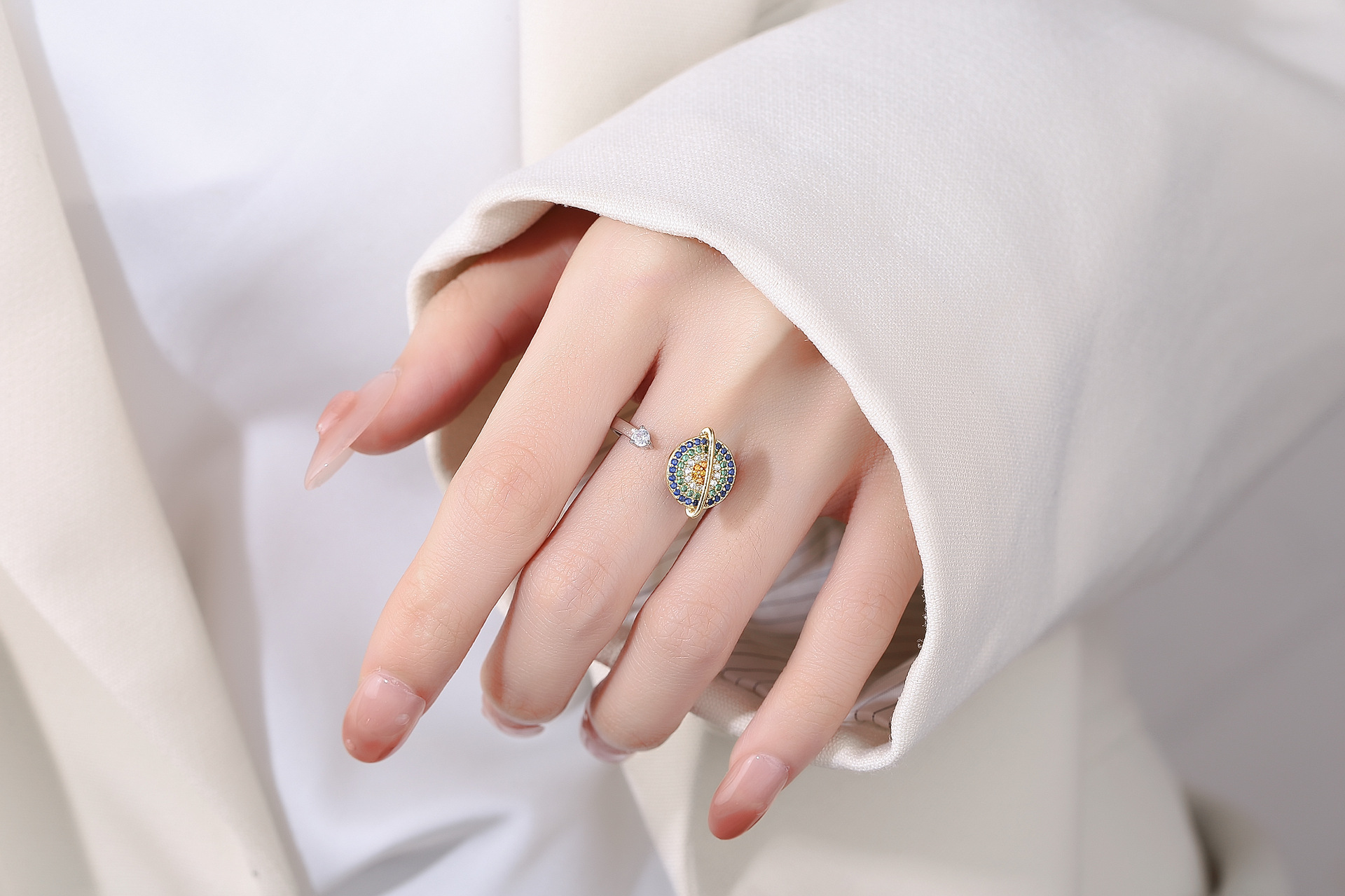 Rotating Muticolor Zircon Planet Ring Adjustable Anti-Stress Open Finger Rings